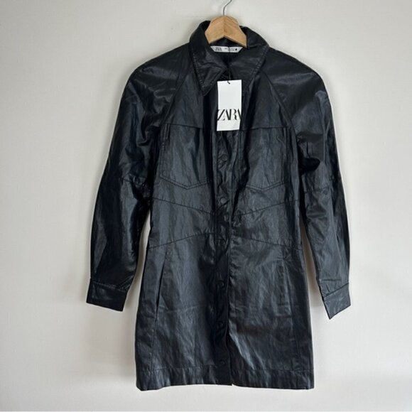ZARA faux leather black button-down shirt dress - Picture 4 of 7